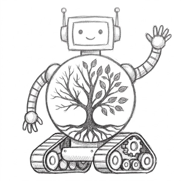 A friendly hand-drawn robot with the Providence tree on its chest, waving hello
